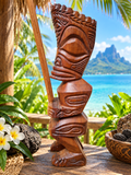 Grand Tiki couronné en bois de rose sculpté – Bora Bora, Polynésie – 40 cm