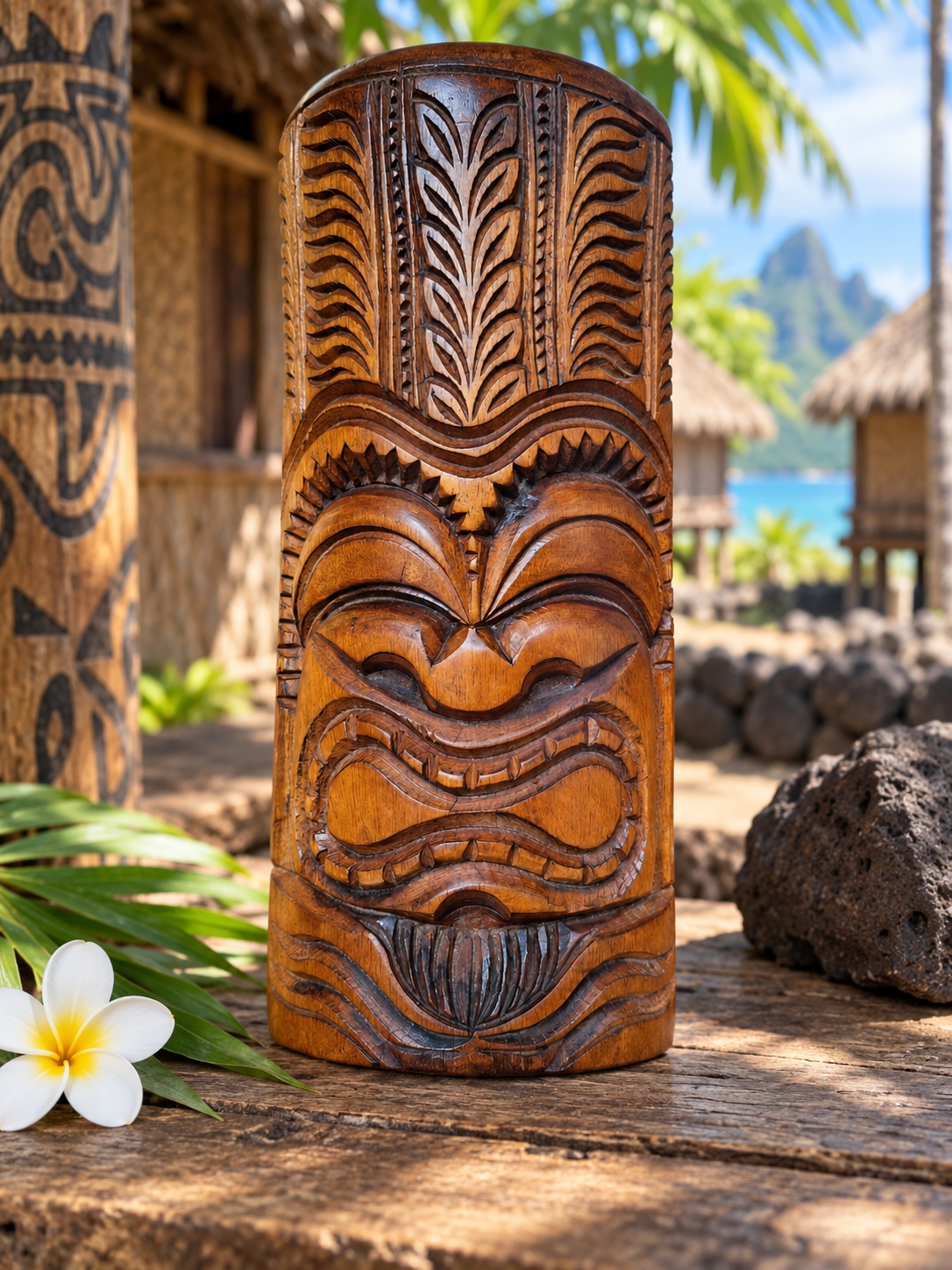 Masque Tiki polynésien en bois sculpté – Art des îles du Pacifique – Vintage – 30 cm