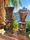 Couple de Tiki polynésiens en bois sculpté – Homme & Femme – Art des îles du Pacifique – 30 cm