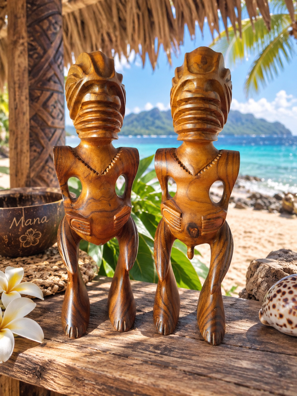 Couple de Tiki polynésiens vintage en bois sculpté – Homme & Femme – 36 cm