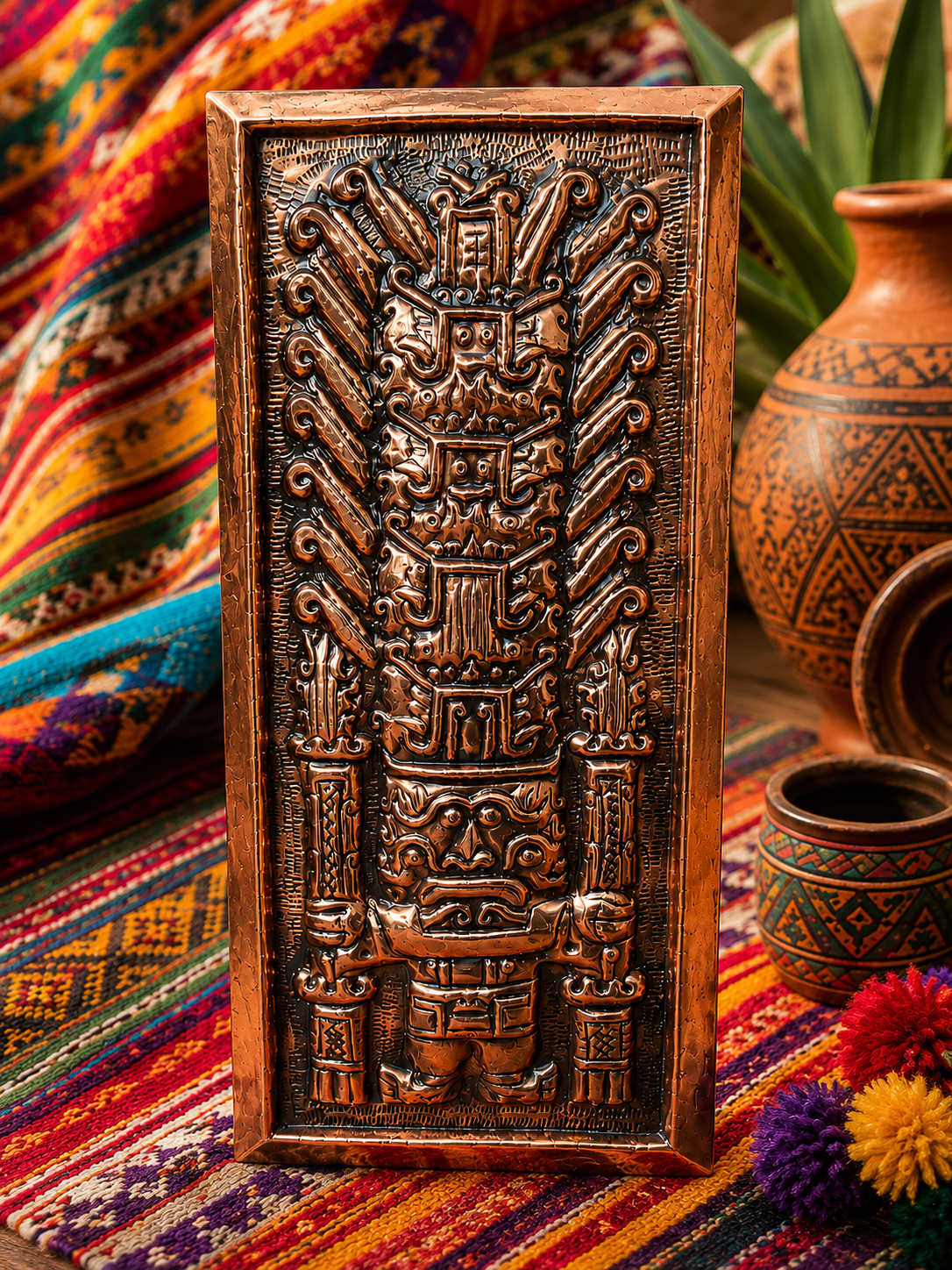 Plaque murale en cuivre repoussé – Viracocha, divinité créatrice des Andes – Pérou – 26 cm