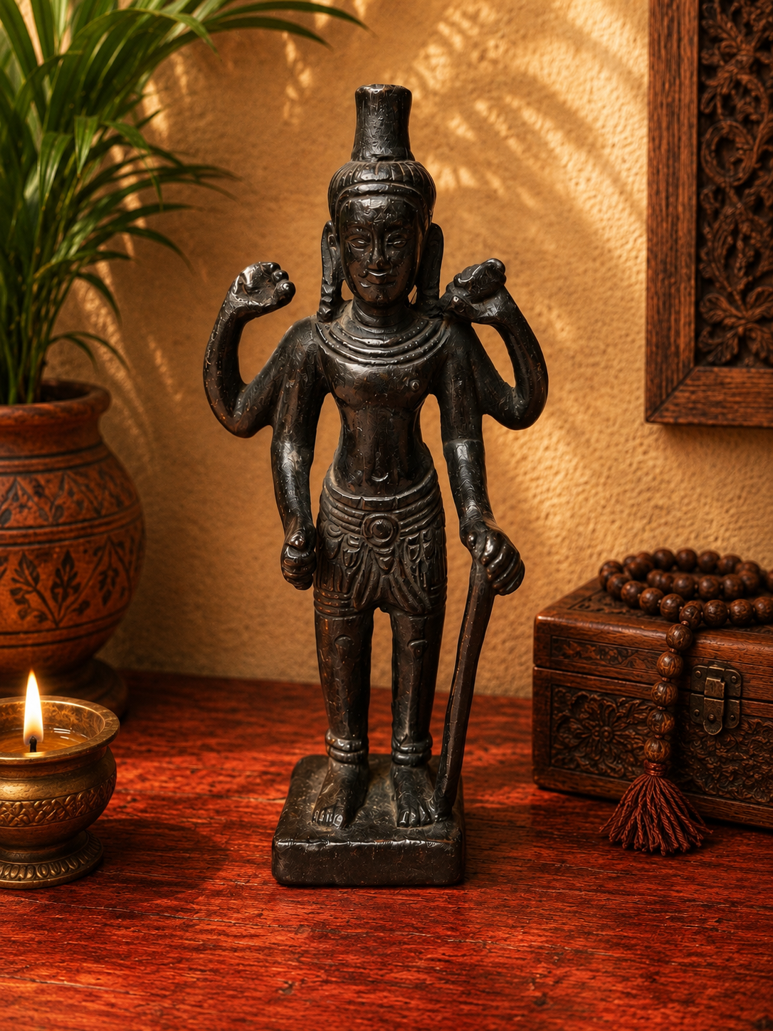 Statue Ancienne de Vishnu à quatre bras – Sculpture en bronze style Khmer – Art spirituel d’Asie du Sud-Est