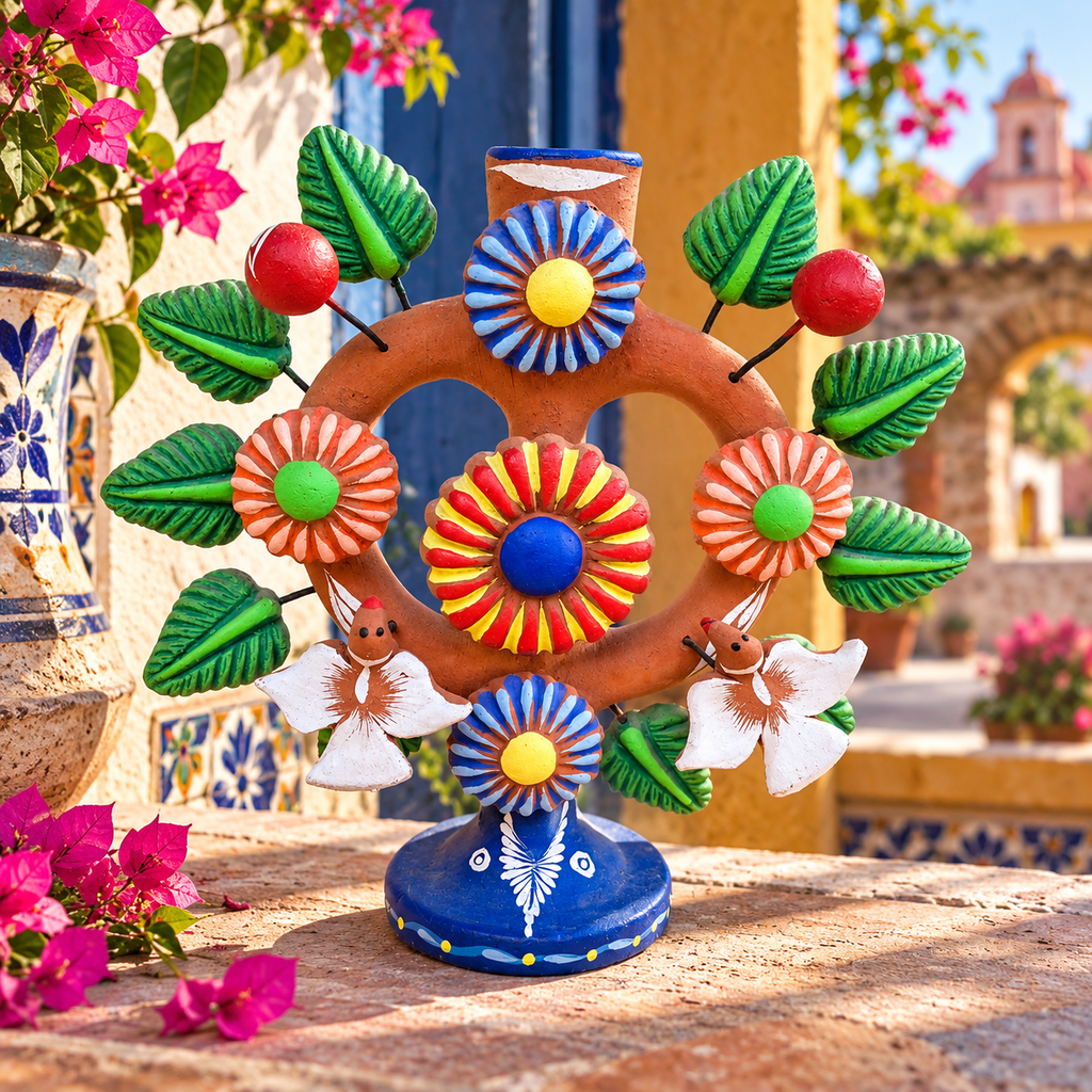 Ancien Chandelier Arbre de Vie du Mexique en terre cuite. Art populaire Mexicain