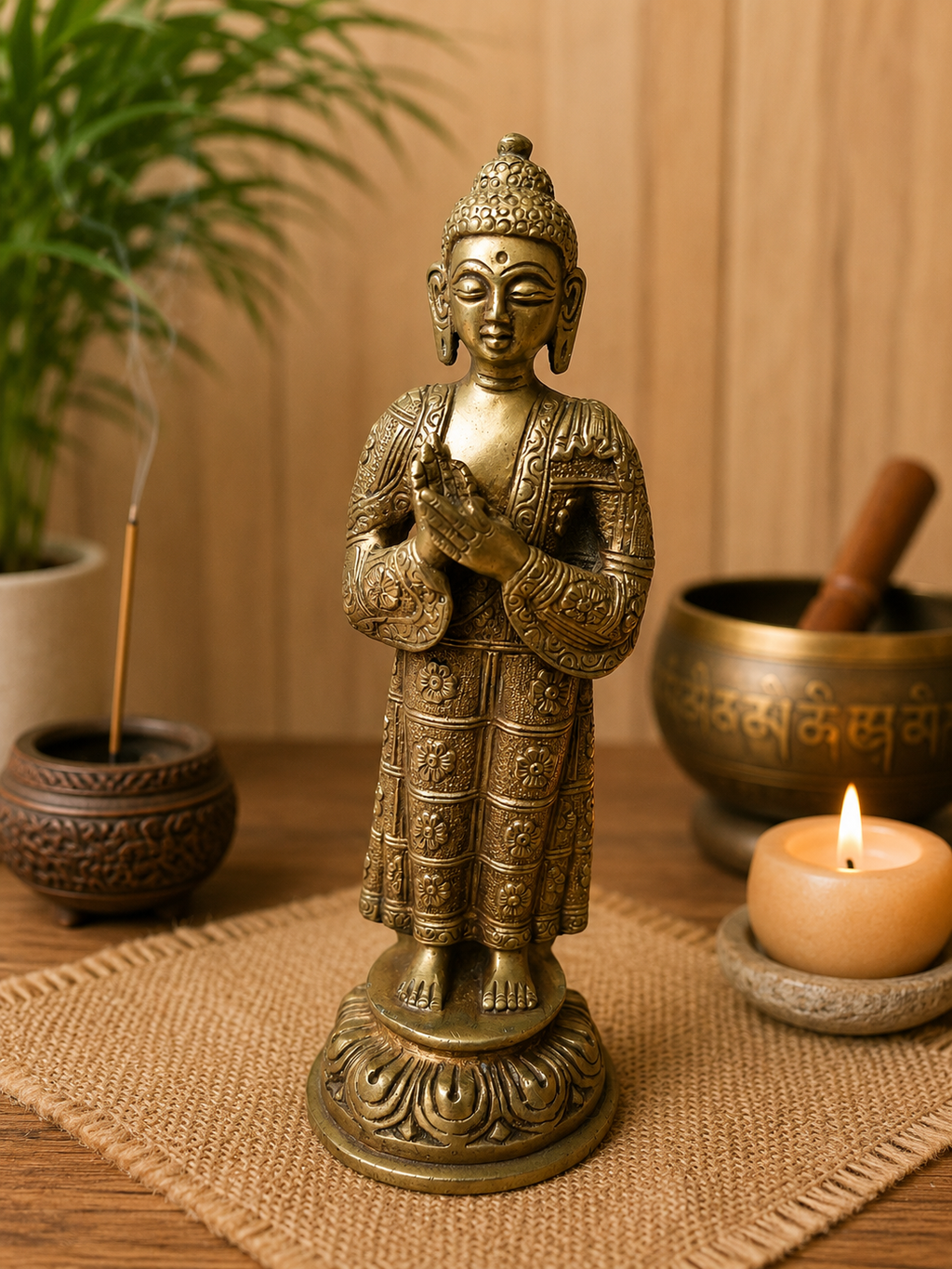 Statue Bouddha Dharmachakra en Laiton ciselé – Enseignement et Sagesse – Art spirituel de l'Inde - 20cm. Asie