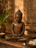 Bouddha en méditation en bois sculpté – Art khmer – Cambodge