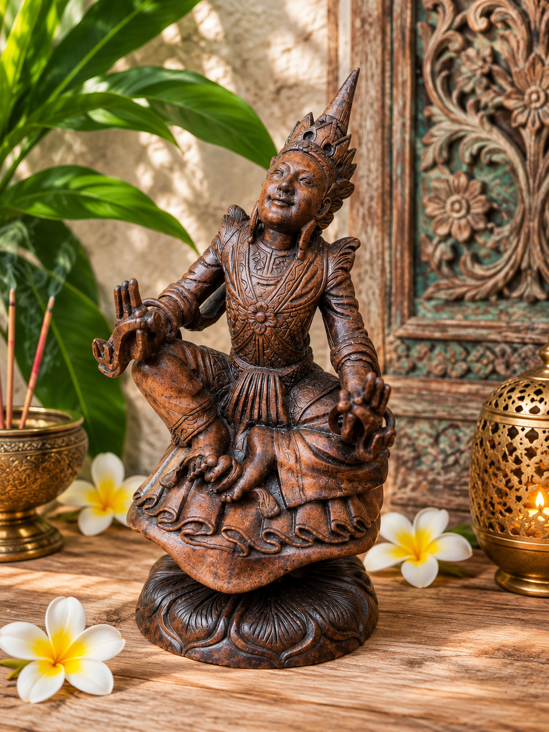 Ancienne figure céleste en bois sculpté – Art birman – Asie