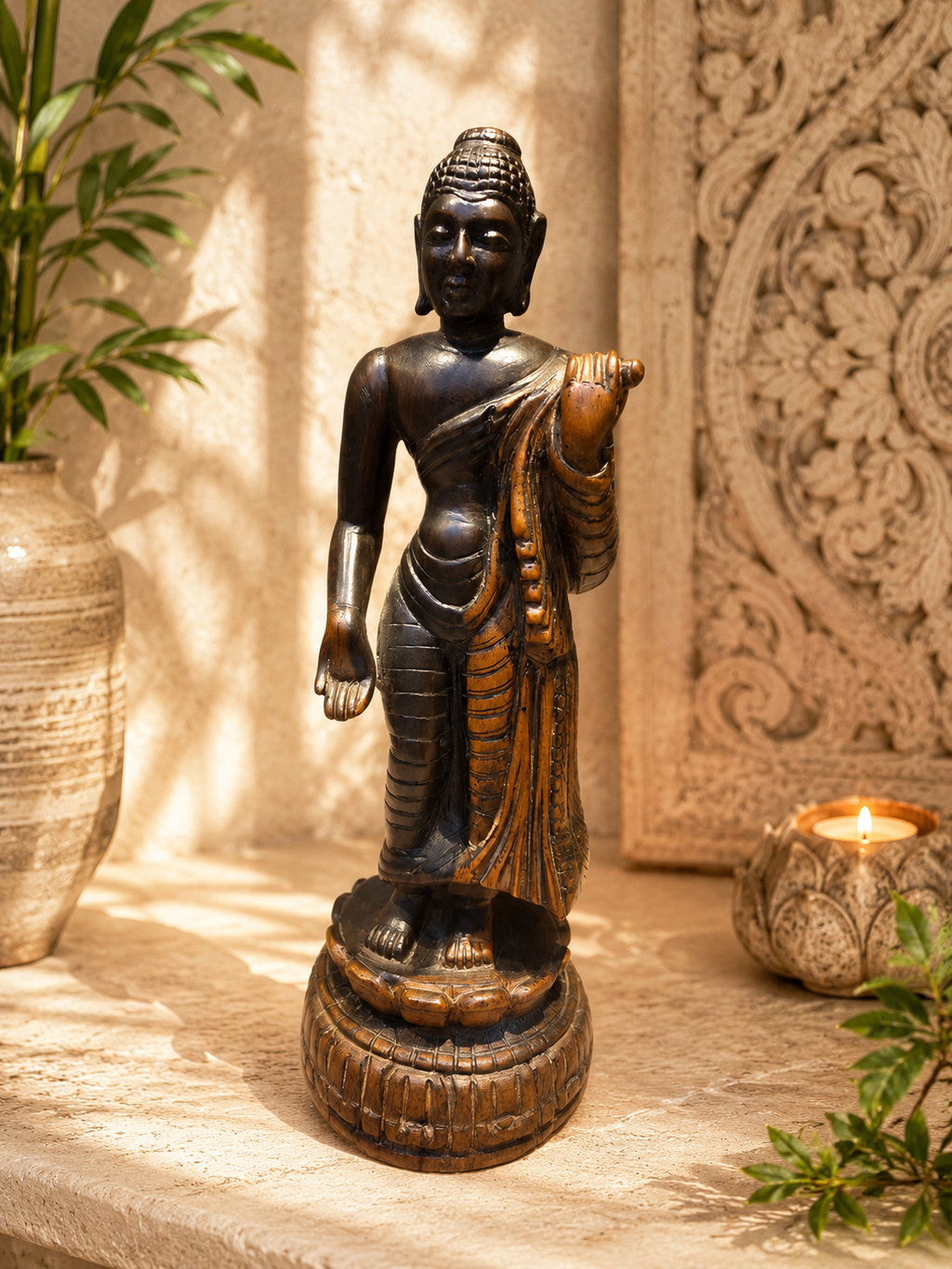 Grand Bouddha debout en bois massif sculpté – Statue Spirituelle Art d'Asie - 38cm