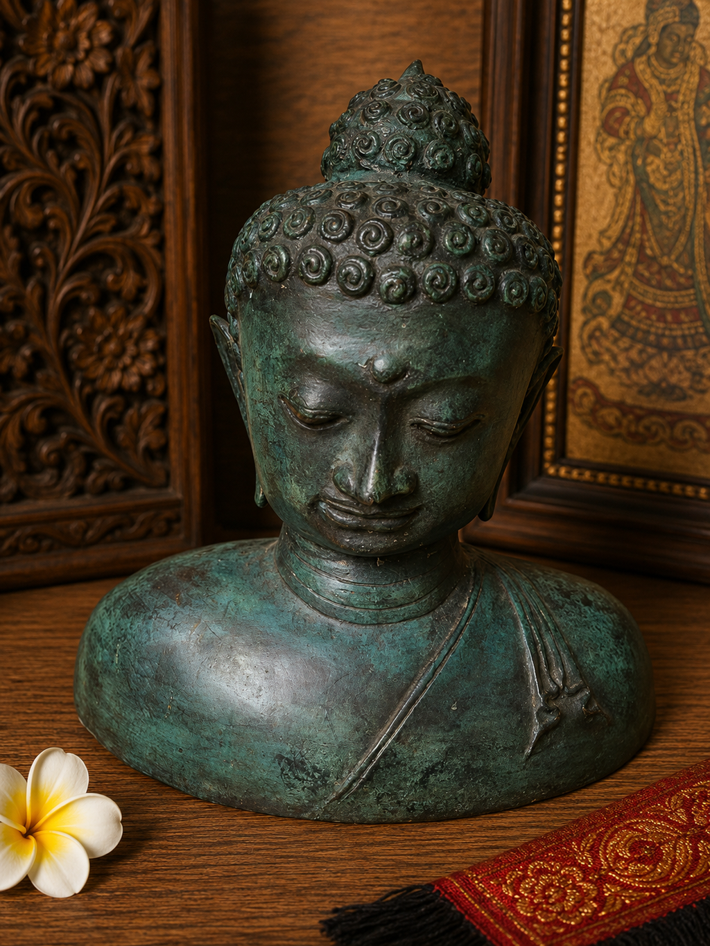 Buste de Bouddha thaïlandais en bronze – Patine verte ancienne - Art Asiatique du XXe Siècle - 28cm.
