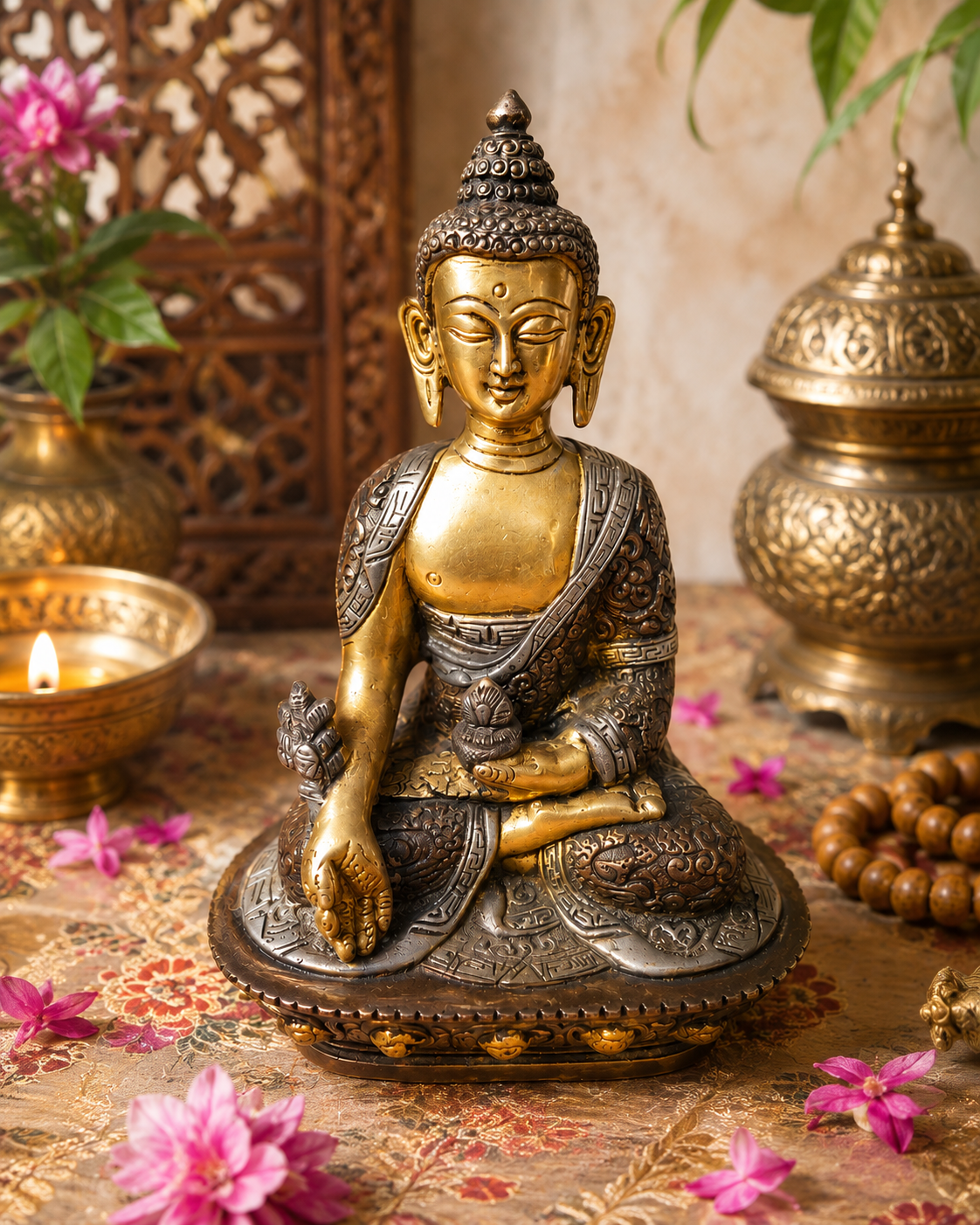 Ratnasambhava – Bouddha des Cinq Dhyani – Statue tibétaine en bronze/laiton – 17,5 cm