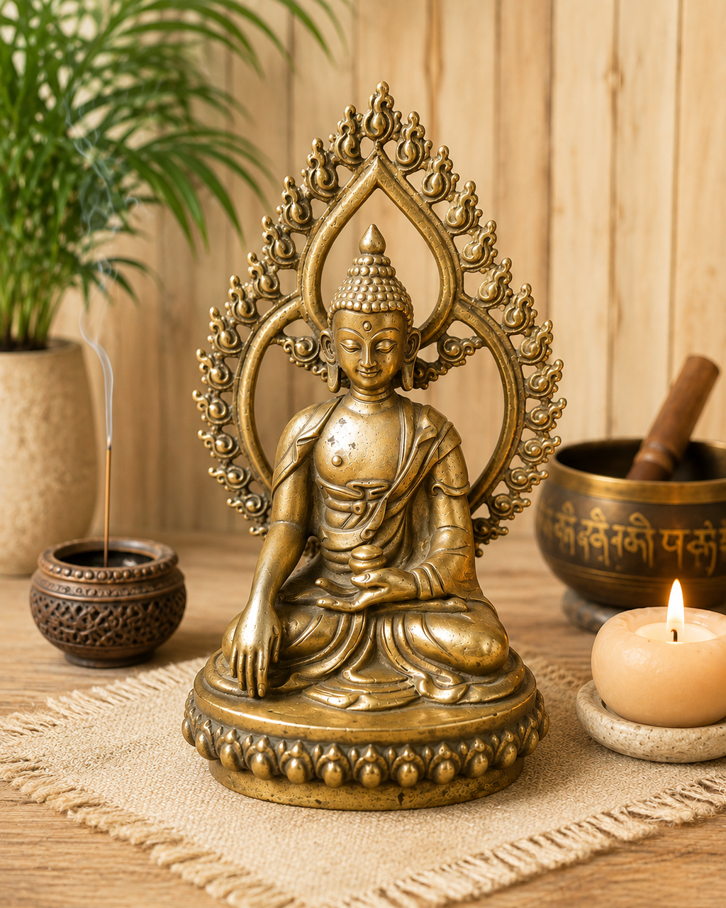 Bouddha en Dhyanasana – Mandorle Flamboyante & Socle Lotus