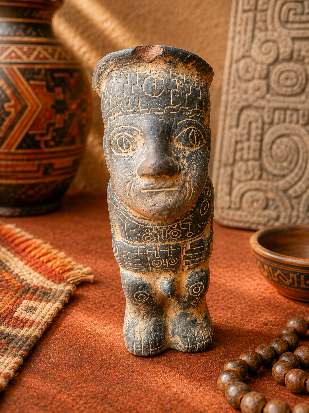 Statuette Chaman bossu – Terre cuite noire – Art précolombien du Pérou – 18 cm