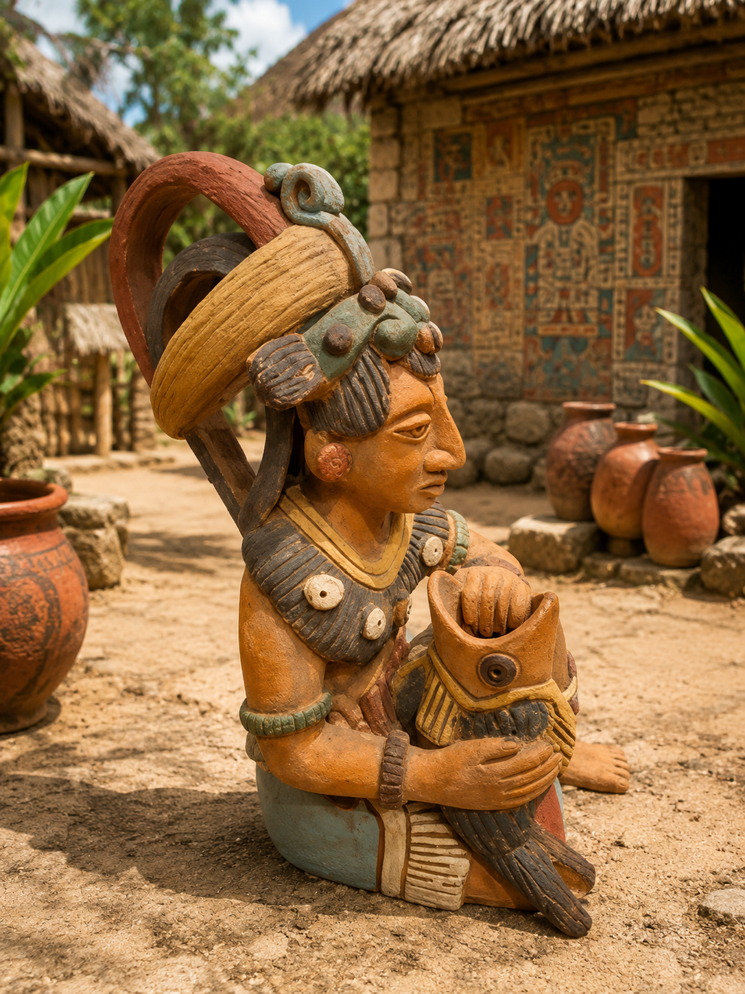 Grande statuette Maya polychrome – Dignitaire à l’offrande – Atelier Arcia – 22cm