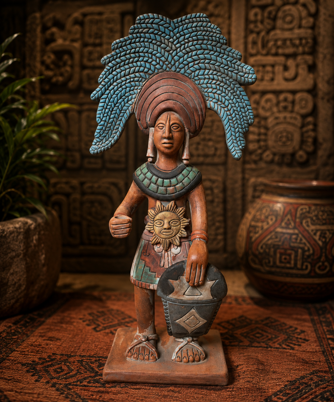 Grand Guerrier Maya – Statuette Mexicaine Polychrome – 41 cm – Art Précolombien