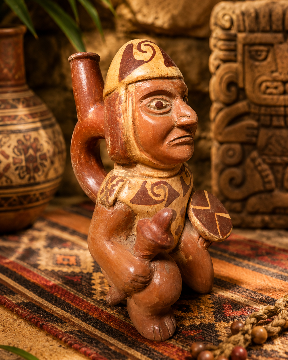 Guerrier Moche en terre cuite – Vase-étrier précolombien du Pérou