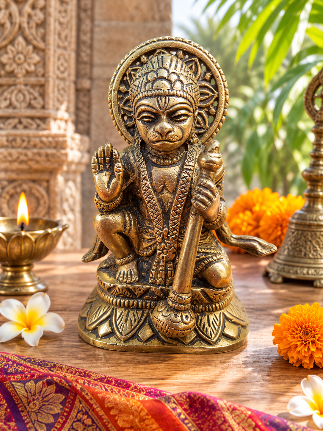 Statue de Hanuman en bronze – héros du Ramayana - Sculpture hindoue artisanale