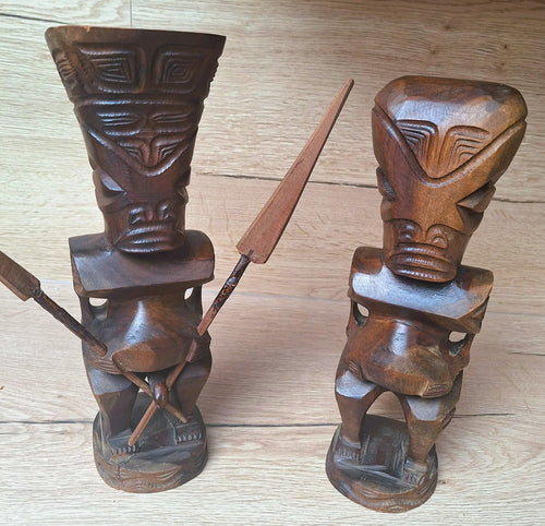 Couple de Tiki polynésiens en bois sculpté – Homme & Femme – Art des îles du Pacifique – 30 cm