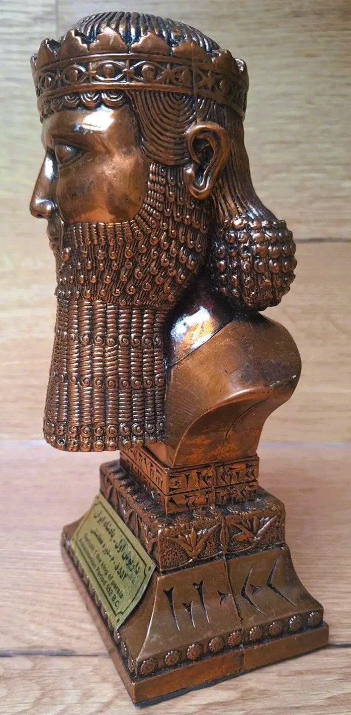 Buste de Darius Ier Souverain Antique, Statuette Style Achémenide Effet Bronze, 21cm