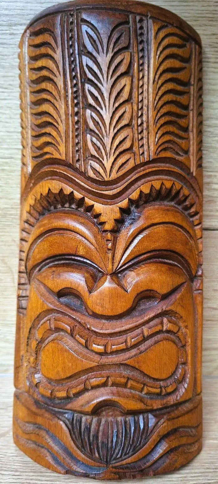 Masque Tiki polynésien en bois sculpté – Art des îles du Pacifique – Vintage – 30 cm