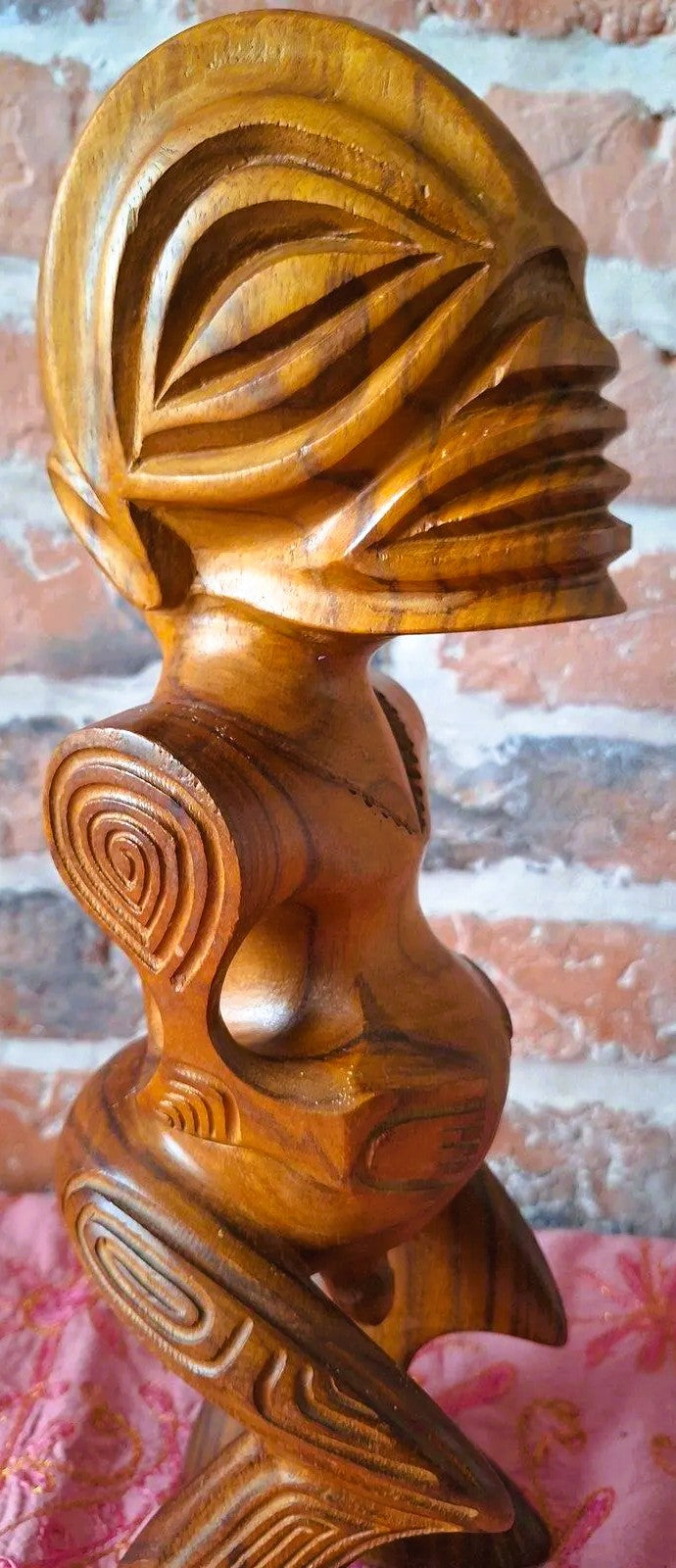 Couple de Tiki polynésiens vintage en bois sculpté – Homme & Femme – 36 cm