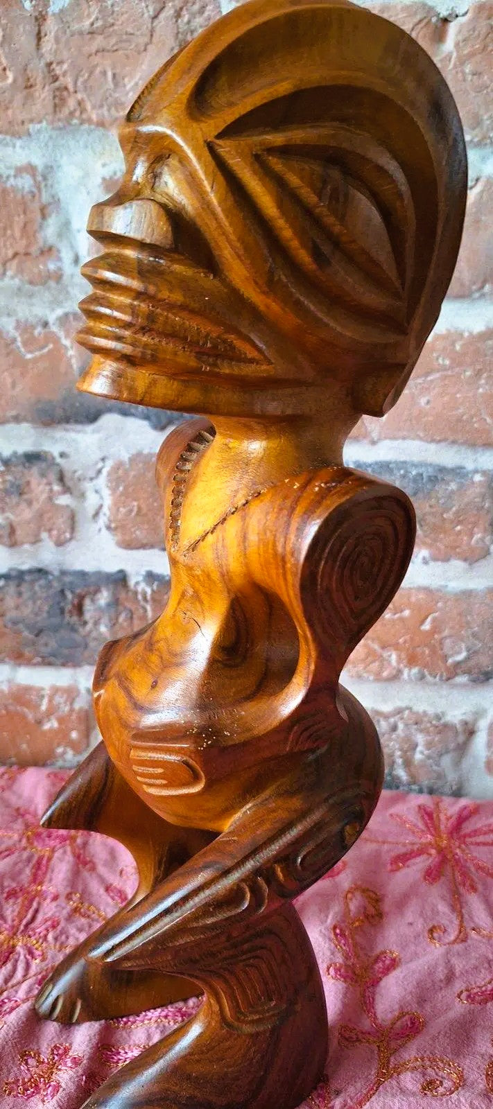 Couple de Tiki polynésiens vintage en bois sculpté – Homme & Femme – 36 cm
