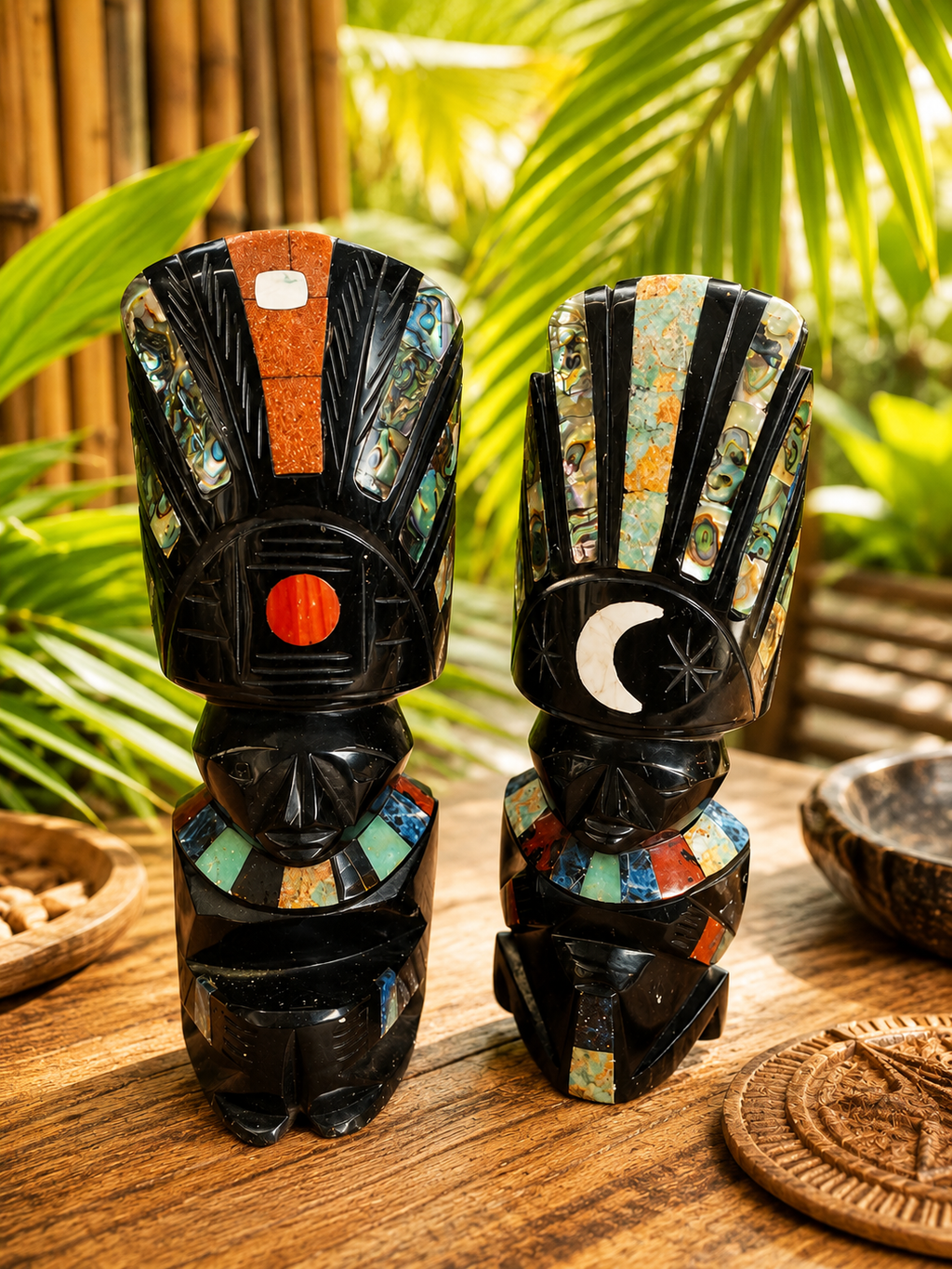 Duo Soleil & Lune en obsidienne – Sculptures mexicaines – Teotihuacán – 21 cm