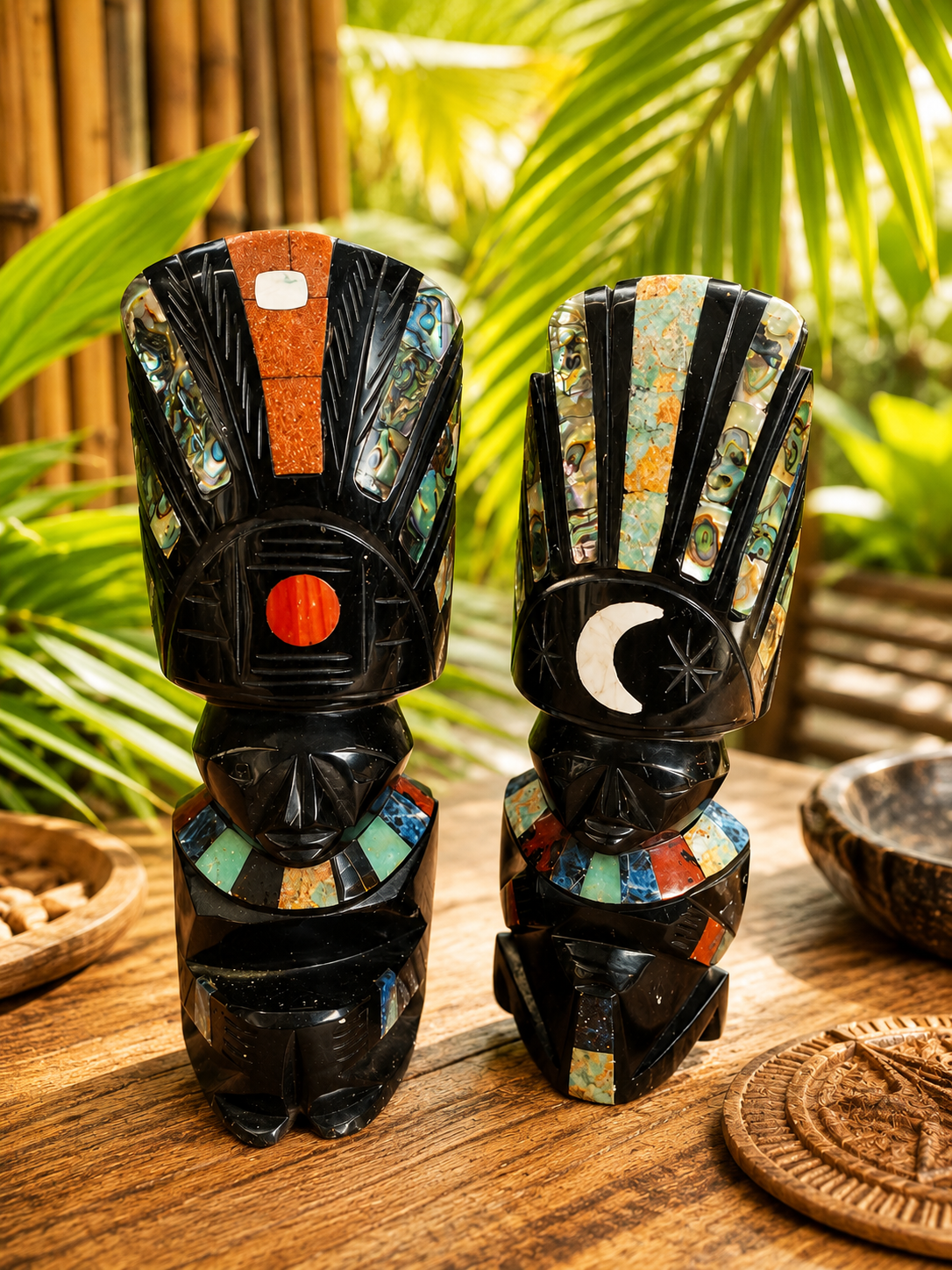 Duo Soleil & Lune en obsidienne – Sculptures mexicaines – Teotihuacán – 21 cm