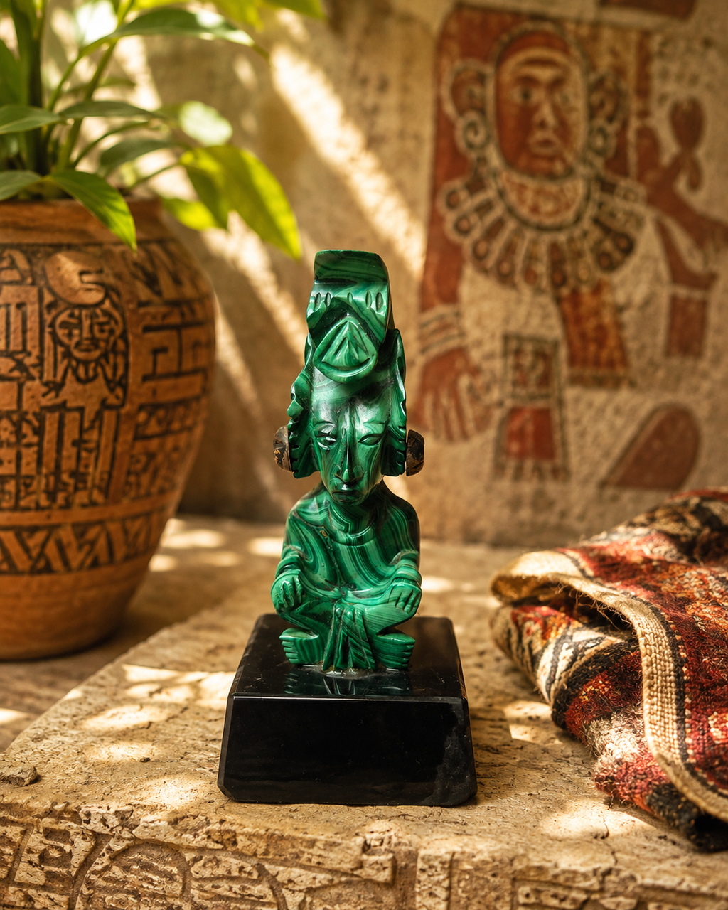 Statuette Vintage en Malachite – Figure Assise de Style Précolombien / Maya sur Socle Obsidienne
