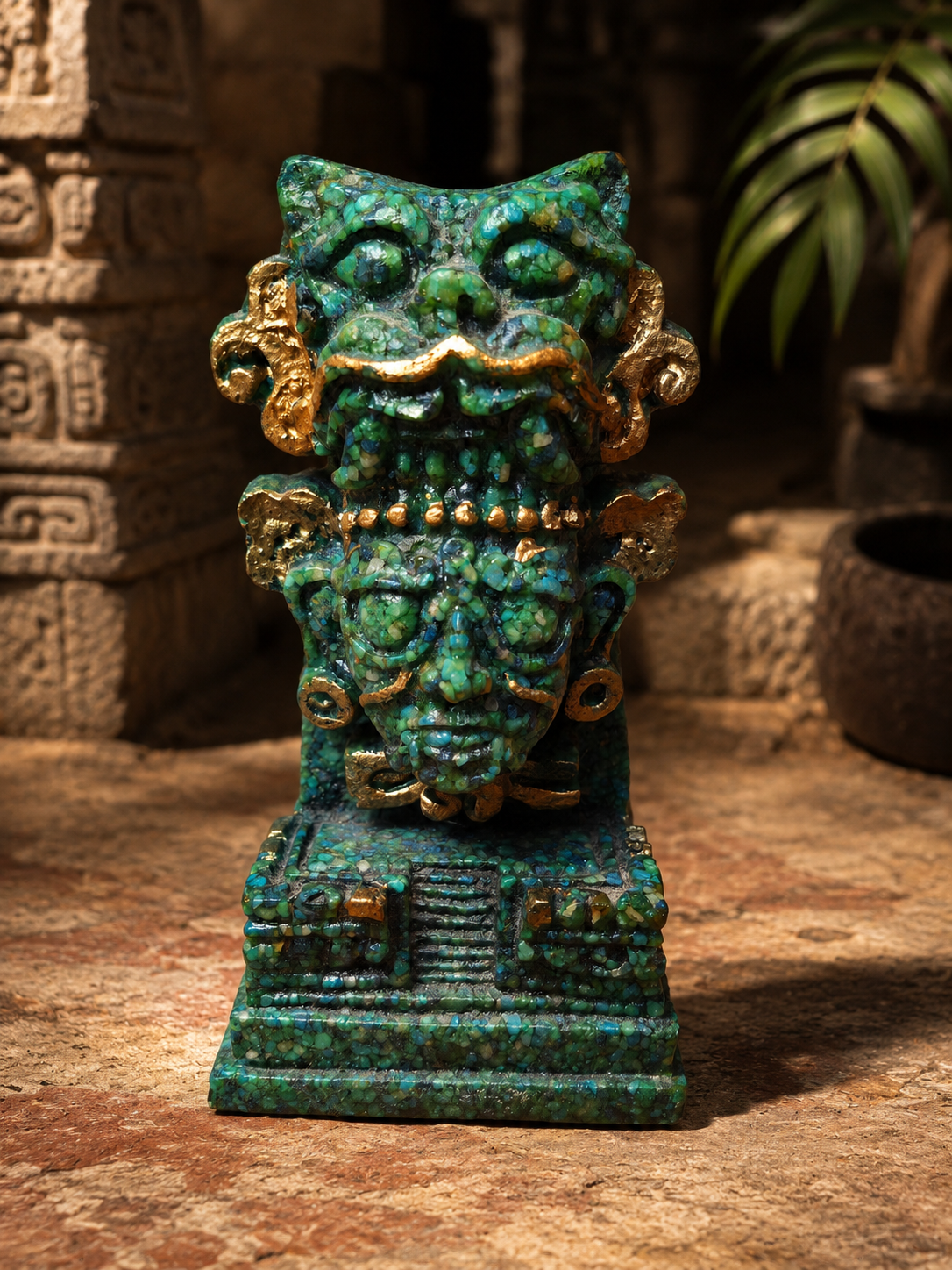 Sculpture en malachite – Figure précolombienne au félin – Mexique – 13 cm