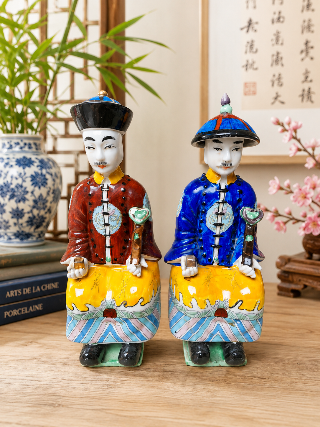 Dignitaires Chinois en porcelaine émaillée polychrome, paire de Mandarins, Asie