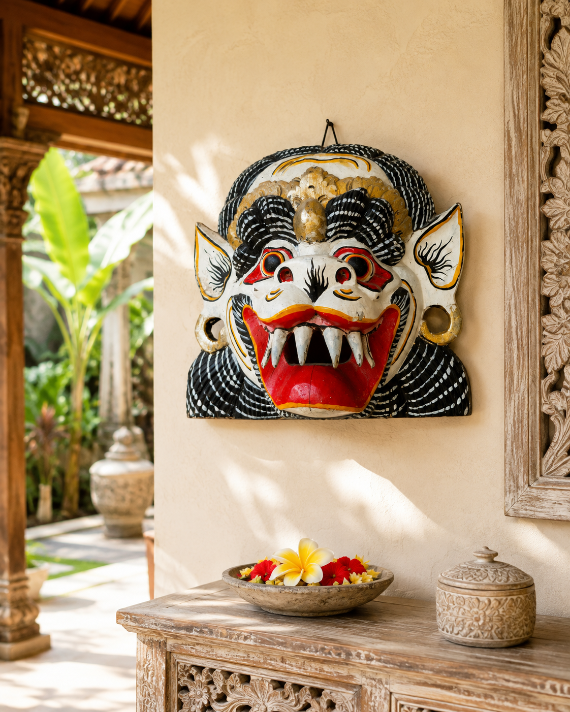 Ancien Masque Balinais Barong – Bois sculpté ancien – Artisanat de Bali - Indonésie