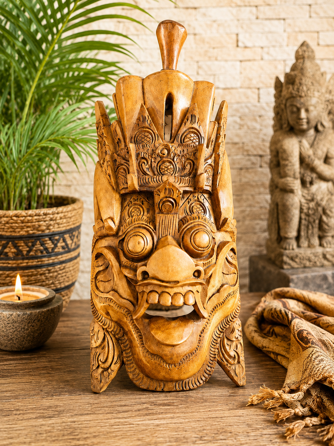 Masque ethnique Indonésien en bois sculpté, Masque Barong, Bali, Indonésie