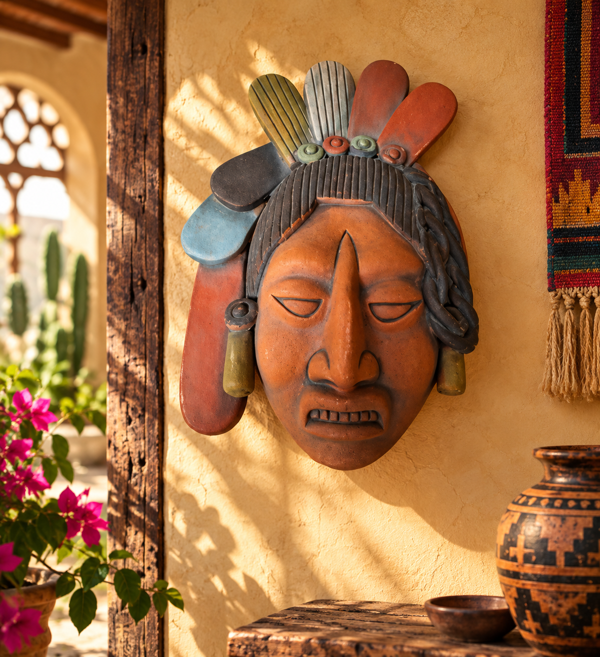 Grand masque mexicain en terre cuite polychrome – Guerrier cérémoniel à coiffe – Art précolombien – 30 cm