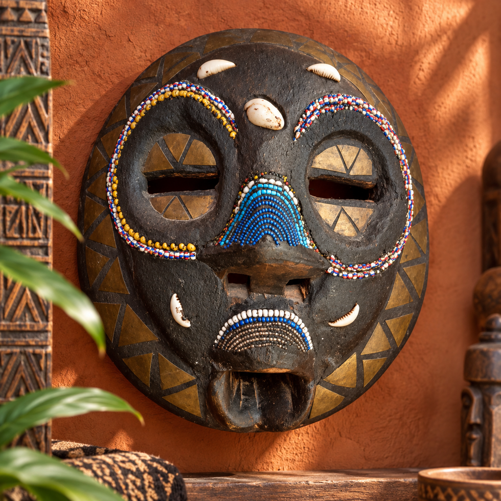 Grand Masque Luba en bois incrustation de perles et coquillages Congo, Artisanat Africain