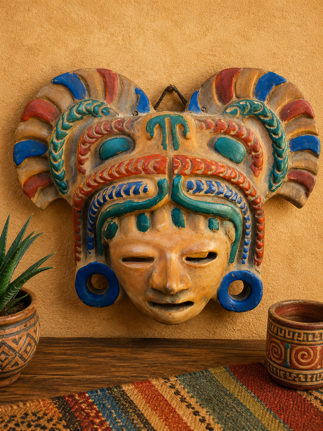 Masque mural mexicain vintage en terre cuite, style maya multicolore, décoration ethnique artisanale