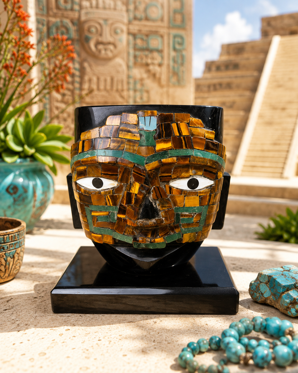 Buste mexicain en obsidienne & mosaïque de pierres – Style Mixtèque/Aztèque