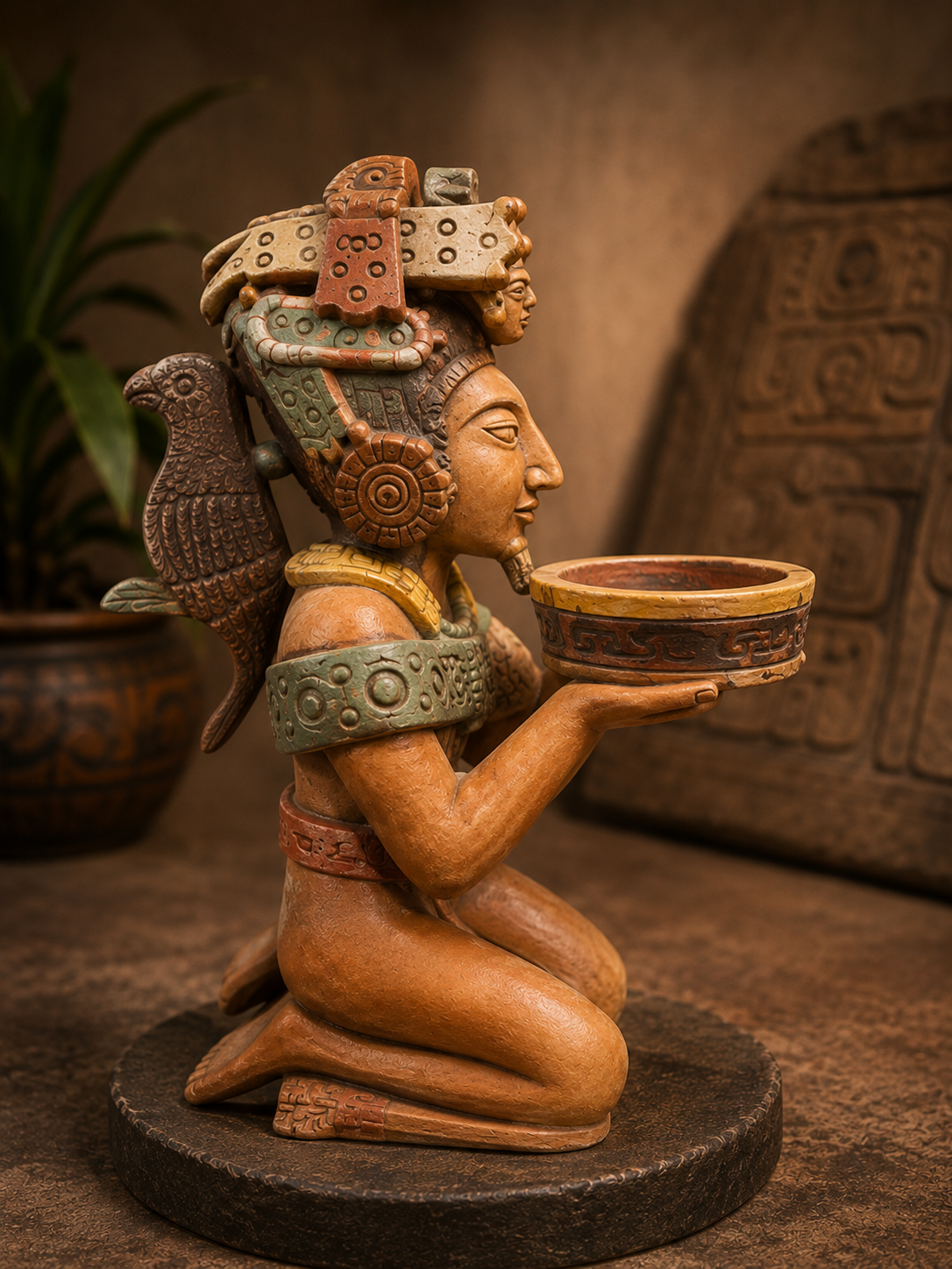 Statuette Maya en terre cuite polychrome – Dignitaire à l’offrande – Atelier Arcia – 37 cm