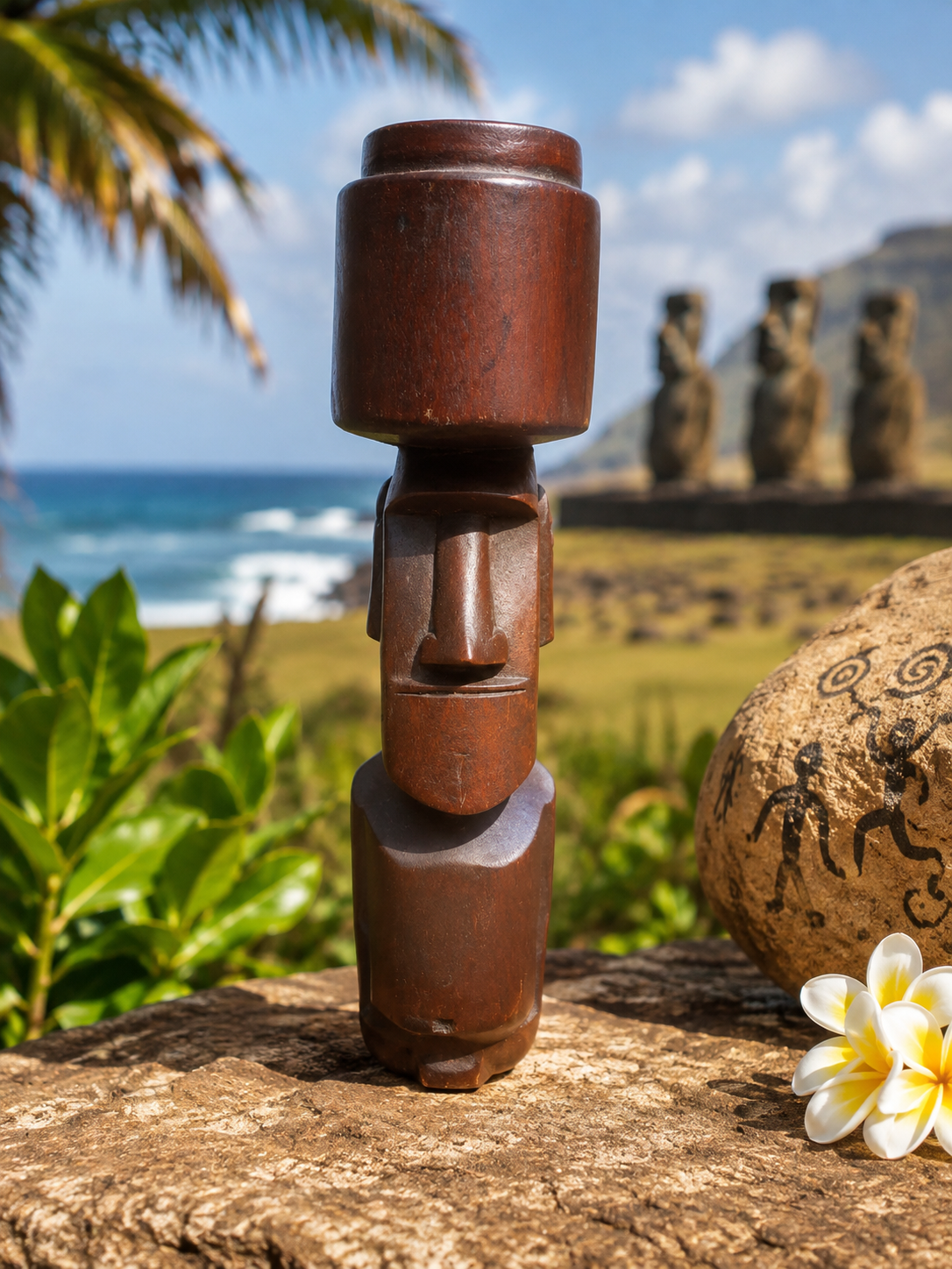 Statuette Moai Rapa Nui avec pukao et reimiro gravé – Artisanat de l’Île de Pâques