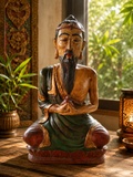 Grande statue en bois massif – Sage asiatique méditant – sculpture artisanale ancienne – 61 cm
