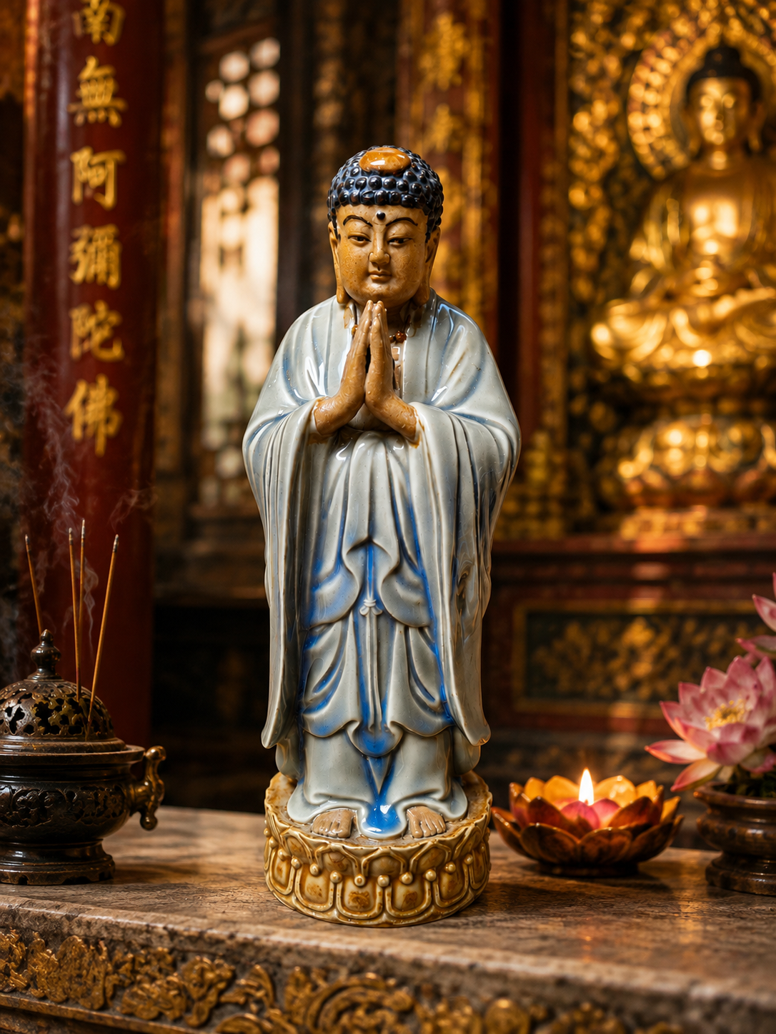 Statue de Bouddha en prière Anjali Mudra – Céramique émaillée vintage, Asie