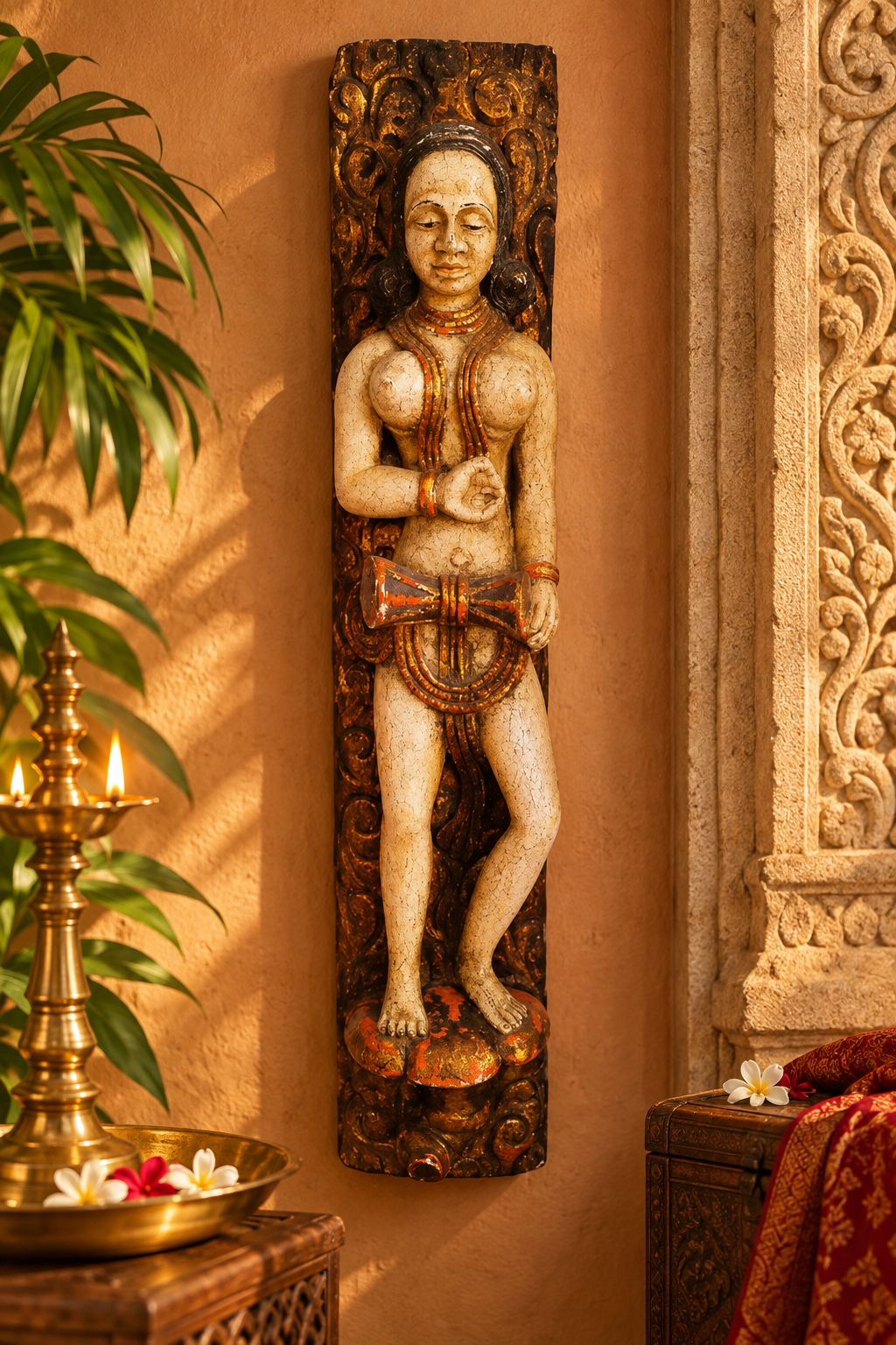 Panneau mural indien Devadasi – Danseuse & musicienne de temple – Bois sculpté polychrome vintage – 57 cm