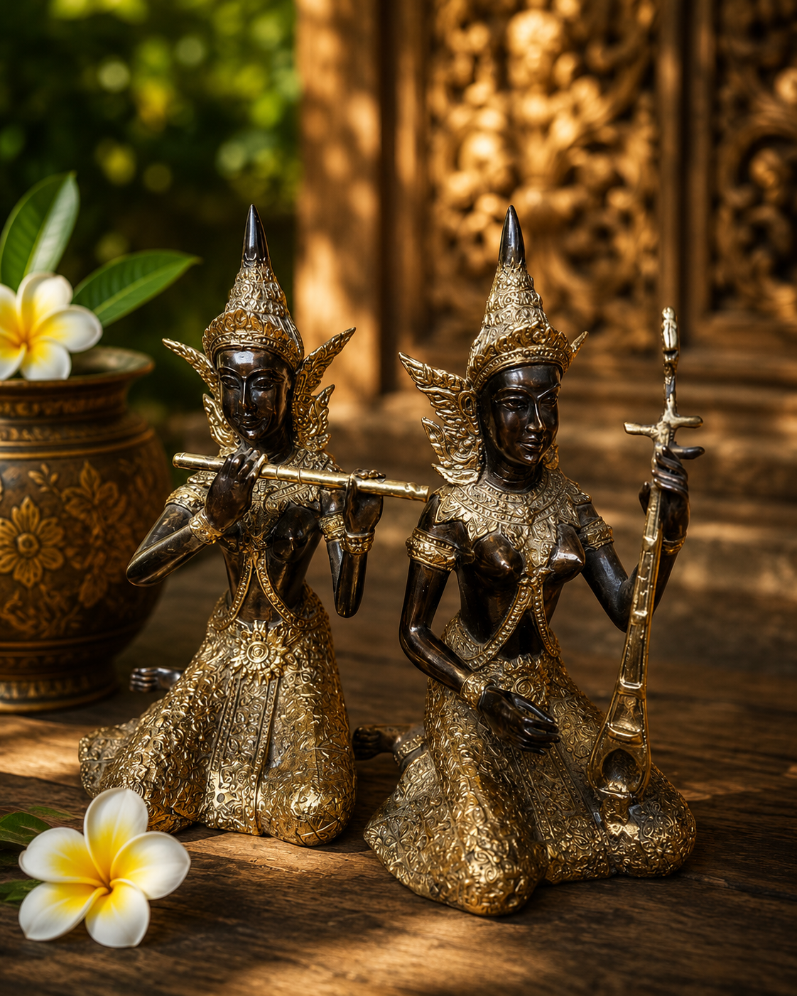 Couple de musiciennes célestes thaïlandaises – Bronze et laiton doré – Gandharvas – 18 cm