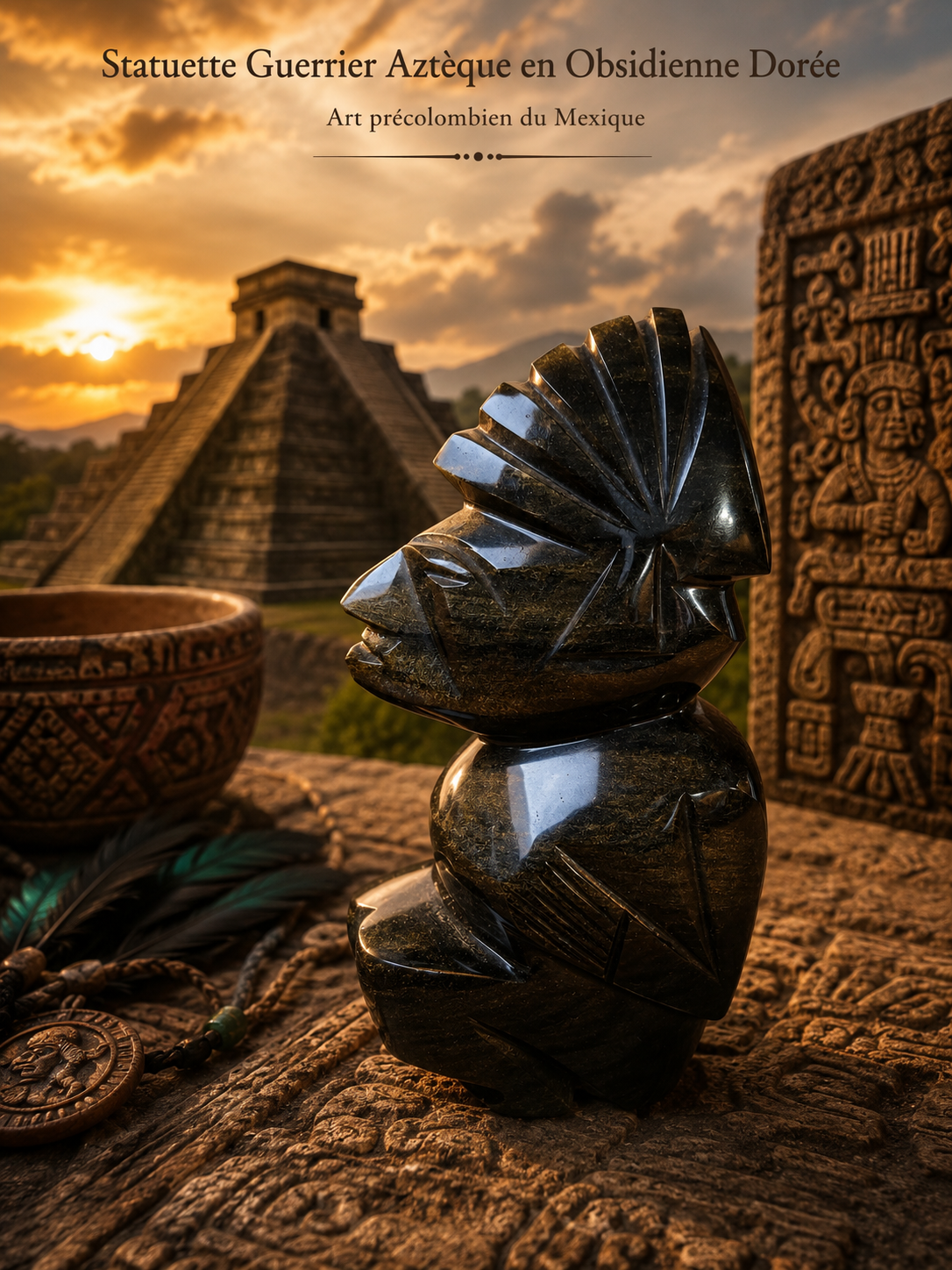 Statuette Guerrier Aztèque en Obsidienne Dorée – Mexique – 15 cm