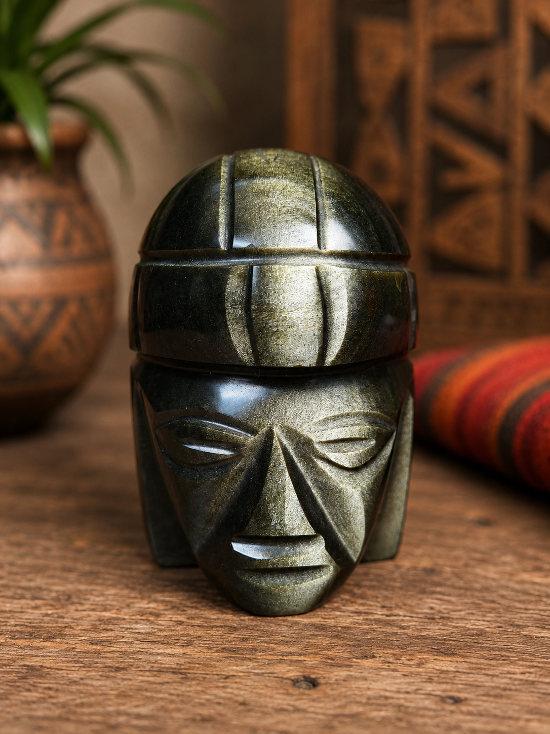 Reproduction Tête Olmèque en Obsidienne, Mexique, Artisanat Amérindien