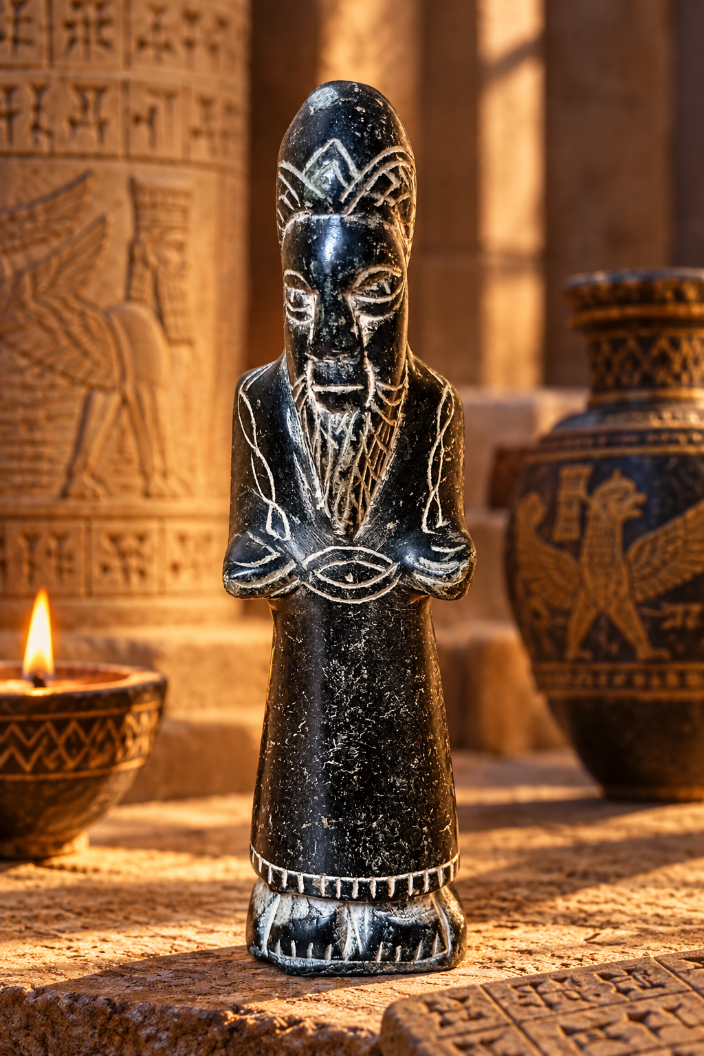 Statuette sumérienne en pierre – Orant de Mésopotamie inspiré de Gudéa – 11,5 cm