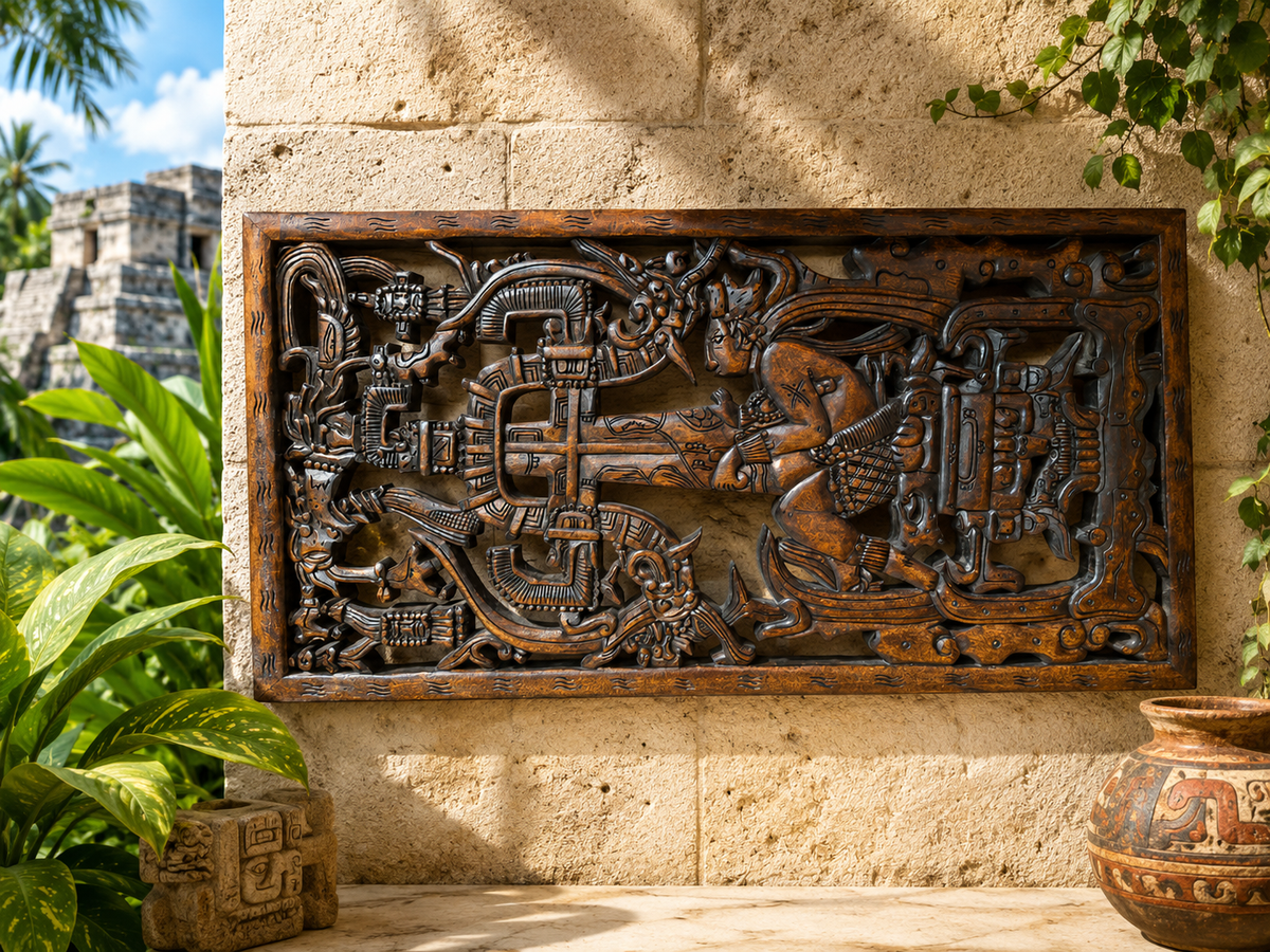 Panneau Maya sculpté – Couvercle du sarcophage du roi Pakal – Palenque – 63 × 31 cm