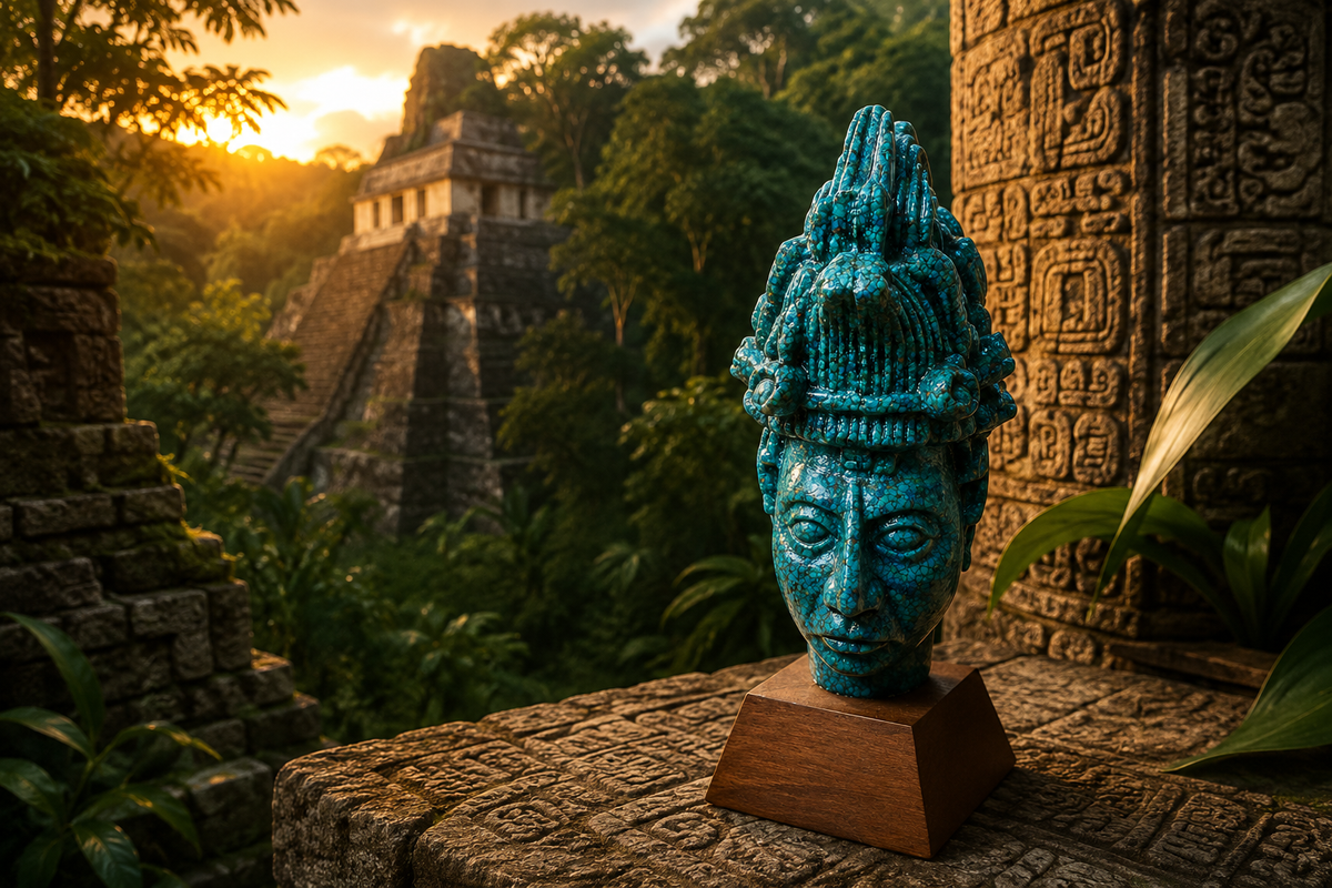 Buste de Pakal le Grand – Roi Maya de Palenque – Sculpture en Malachite composite 16 cm
