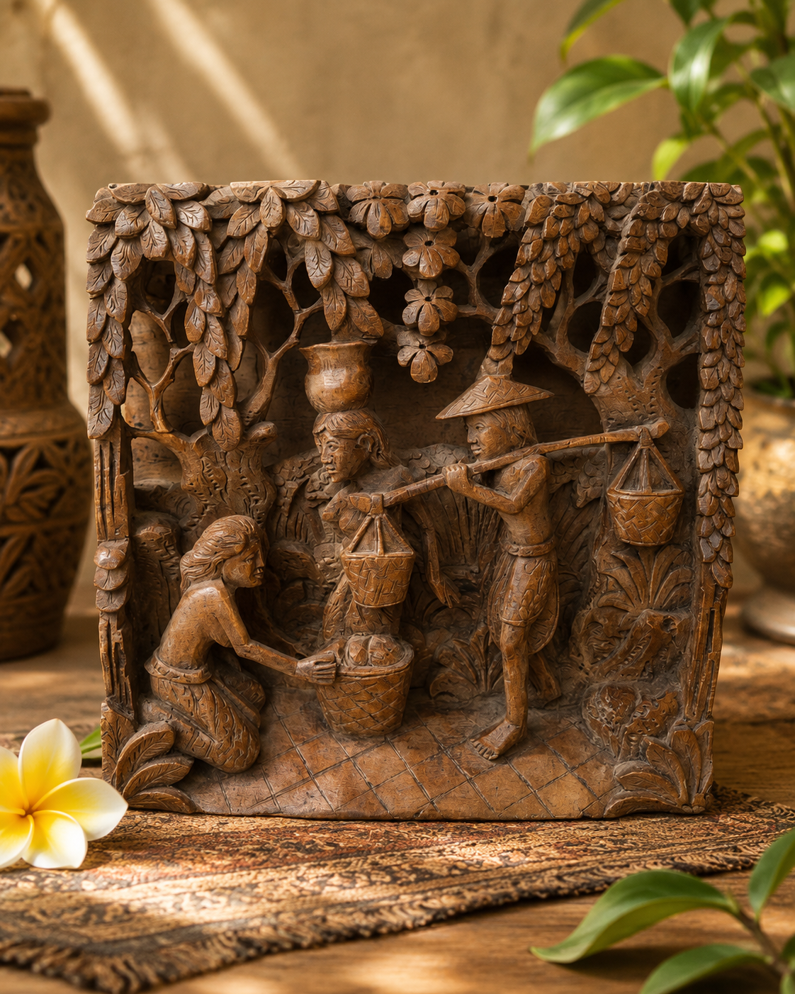 Panneau mural en bois sculpté et ajouré – Scène de vie rurale d’Asie du Sud-Est – 20 cm