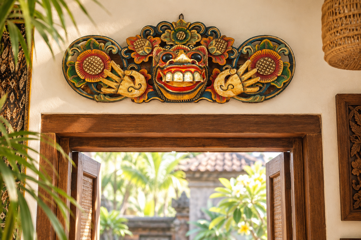Fronton mural balinais Barong – Bois sculpté polychrome – Masque protecteur de Bali – 43 cm