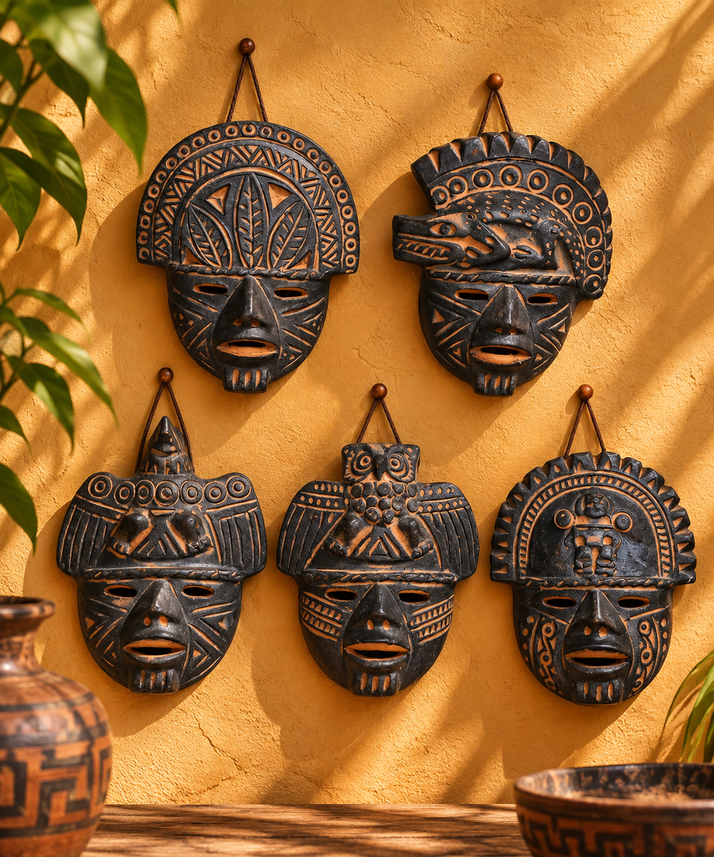 Lot de 5 Mini-Masques Artisanaux en Terre Cuite – Style Précolombien Mexicain – Mexique