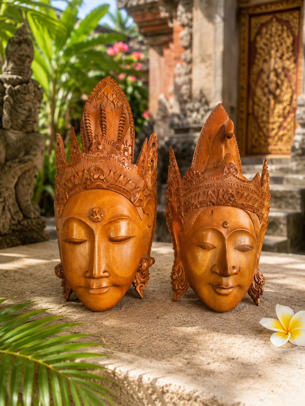 Couple Royal Balinais Rama & Sita (Shinta) – Masques Bois Sculptés Main – Art du Ramayana – Dorures et Polychromie – Vintage Bali